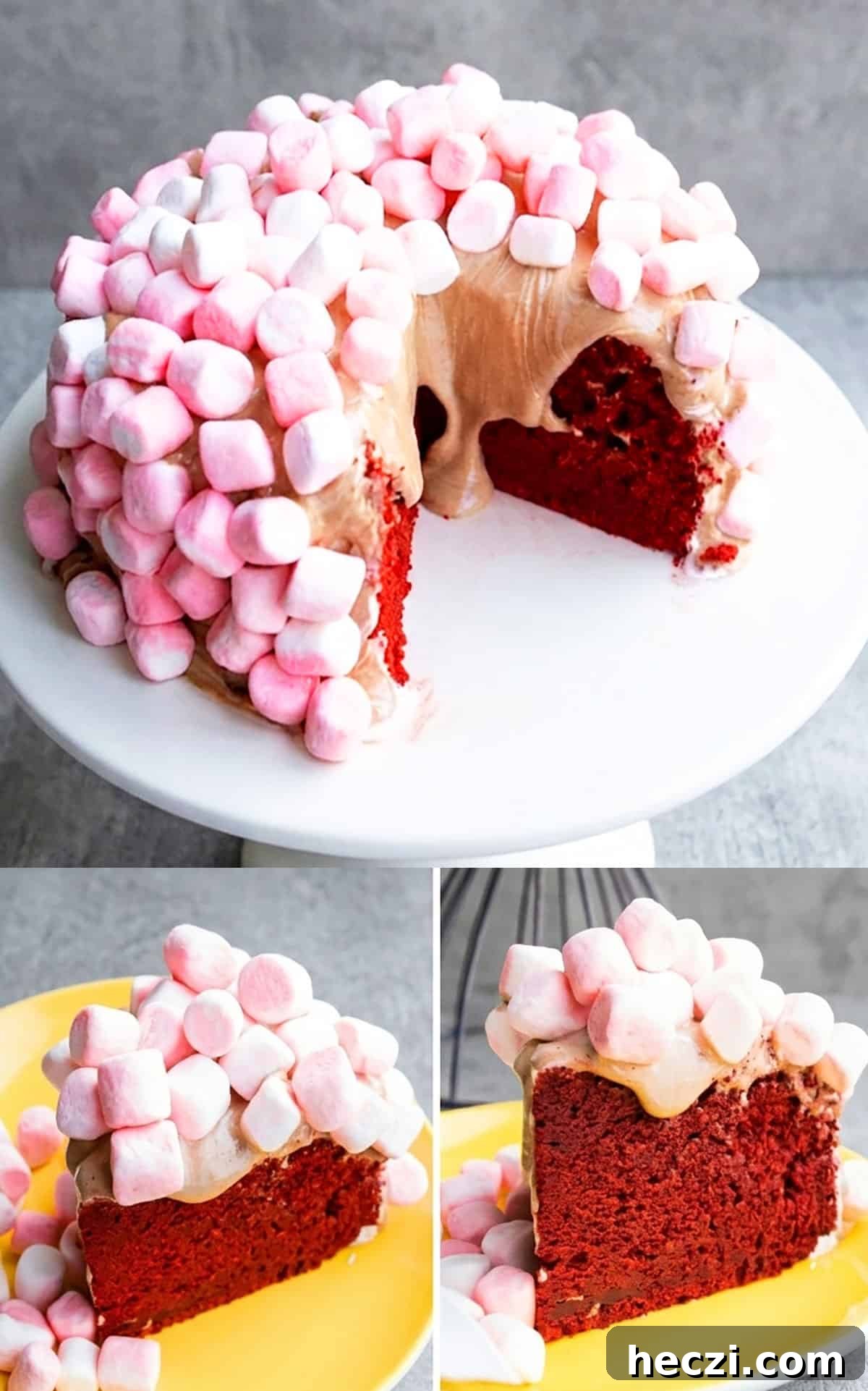 Moist Red Velvet Layer Cake Recipe for Perfect Celebrations 6 Collage image of dome cake with chocolate marshmallow fluff and mini pink marshmallows.