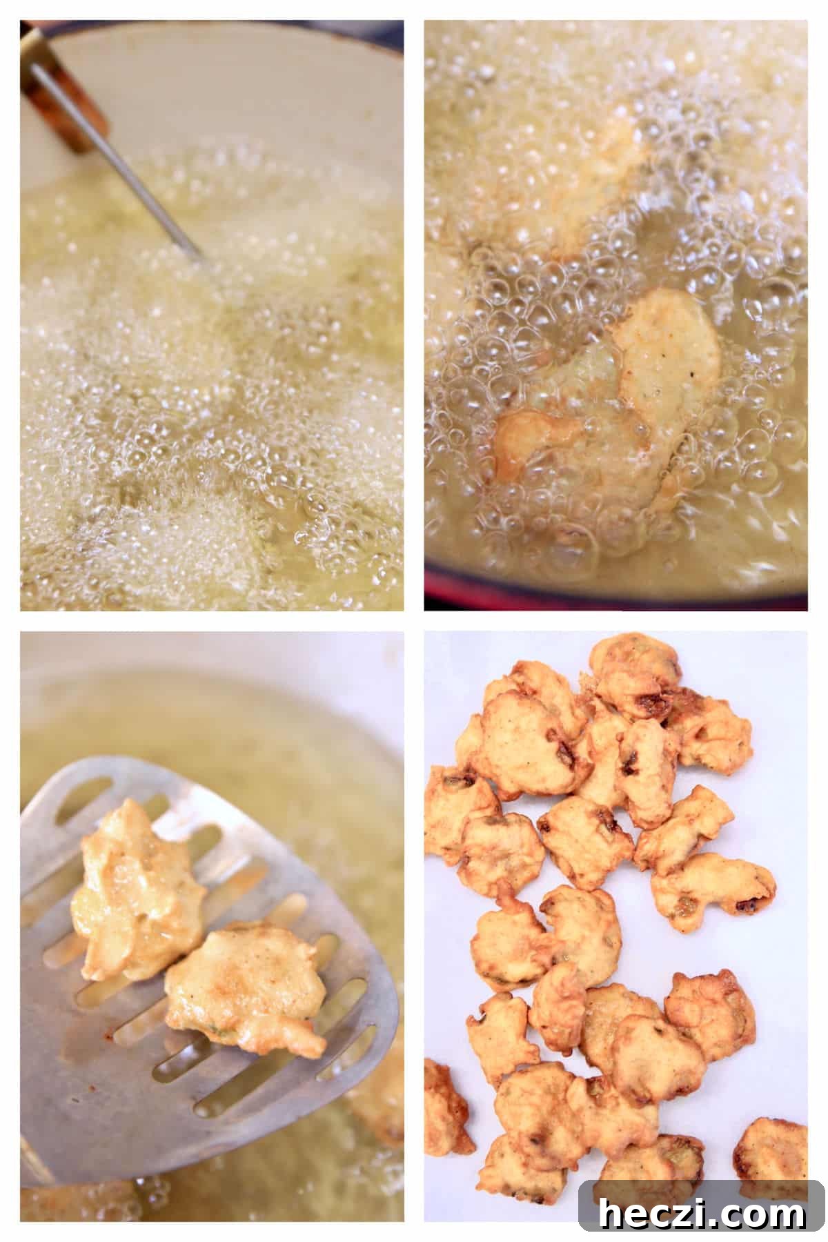 Collage frying battered pickles.