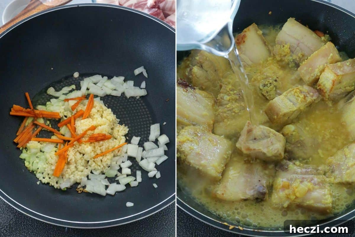 Adobong Dilaw: Filipino Yellow Adobo Recipe with Turmeric and Coconut Milk 4 cooking adobong dilaw in a pan