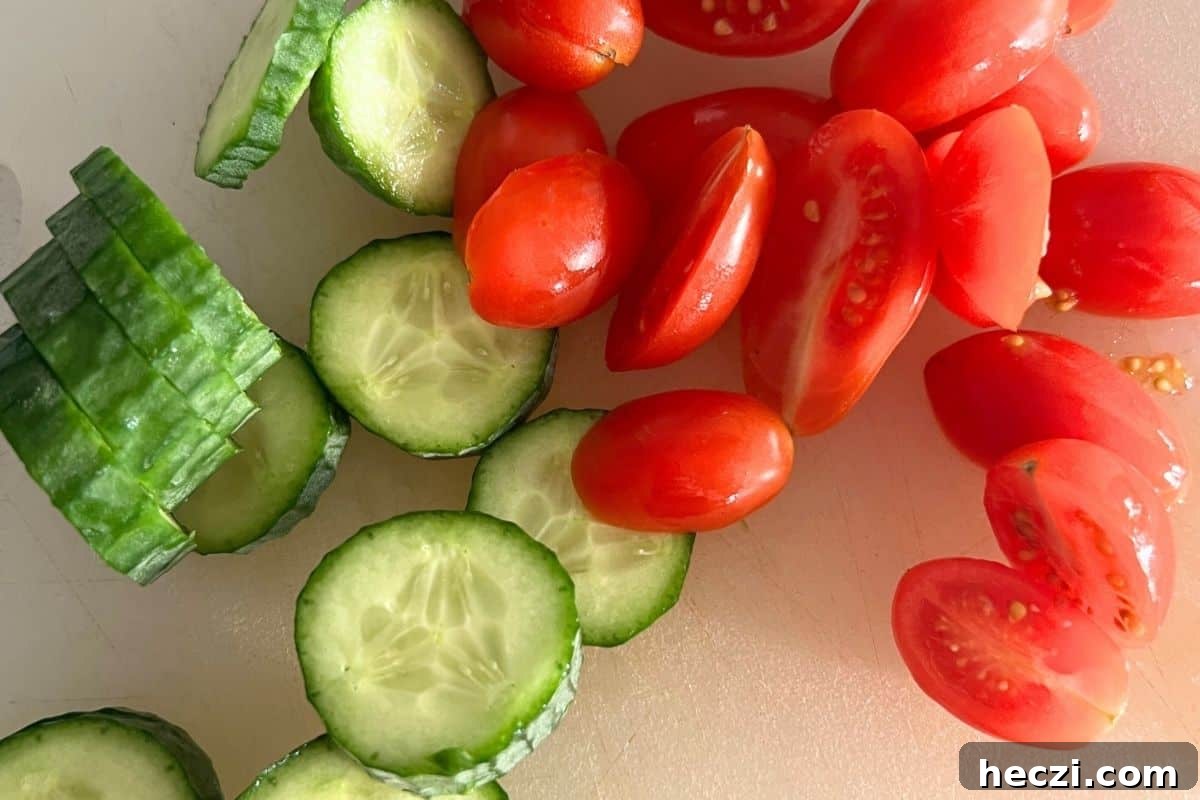Chopped cucumbers and tomatoes. 