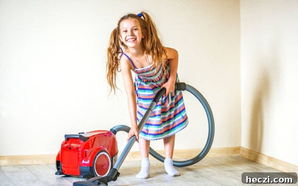 happy kid doing chores