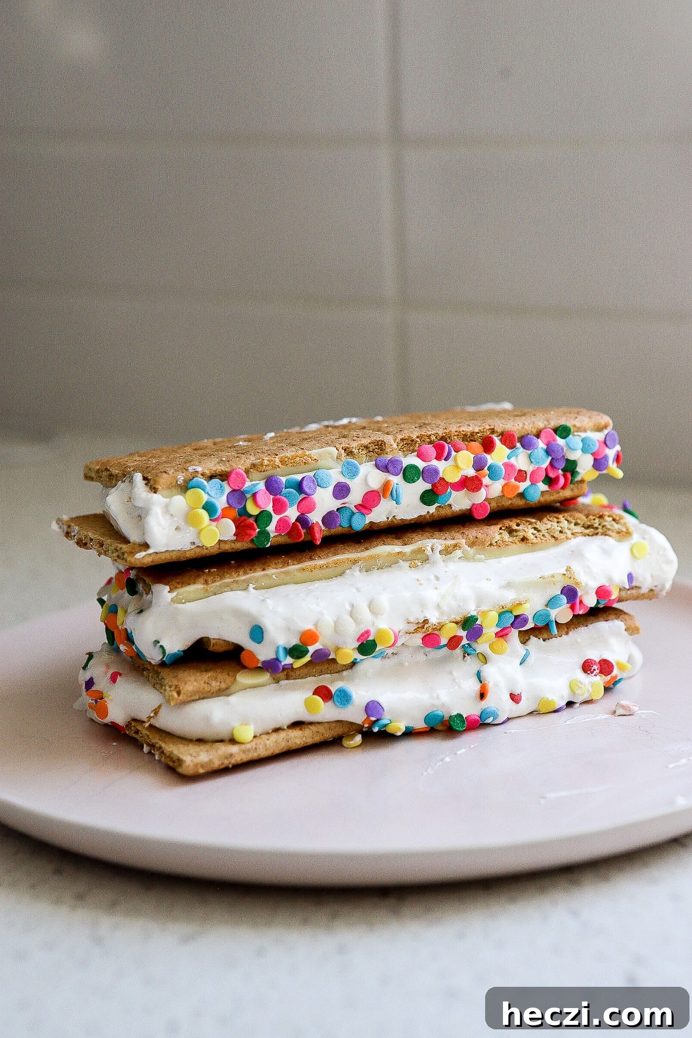 Side angle of birthday cake frozen s'mores on white plate with rainbow sprinkles.