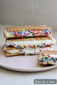 Close up view of birthday cake frozen protein s'mores on a white plate and sprinkles.