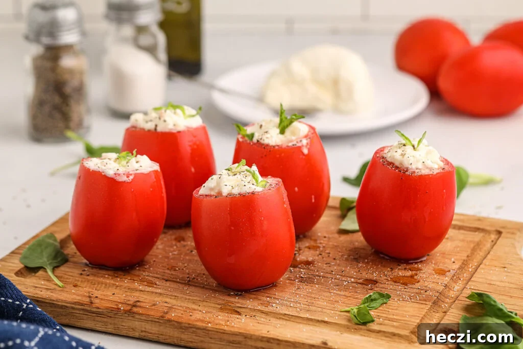 Tomatos filled with burrata on a serving tray.