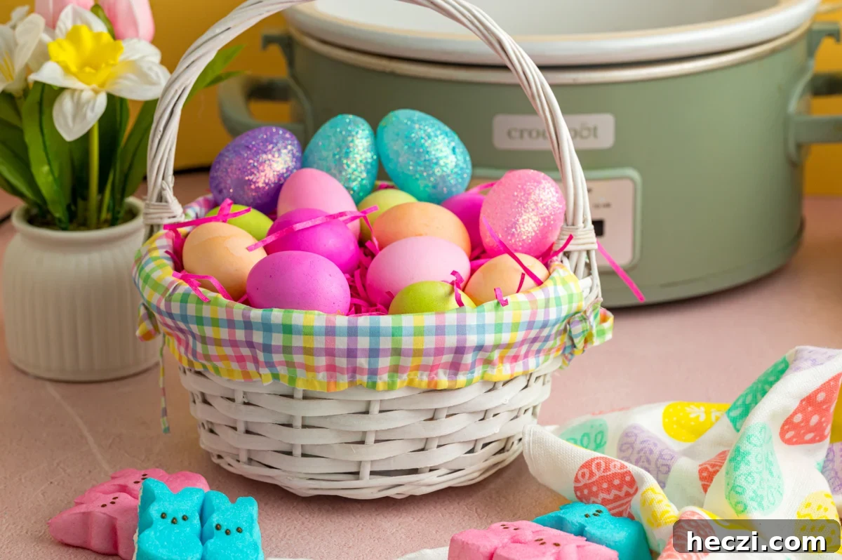 Slow cooker easter eggs in an easter basket.