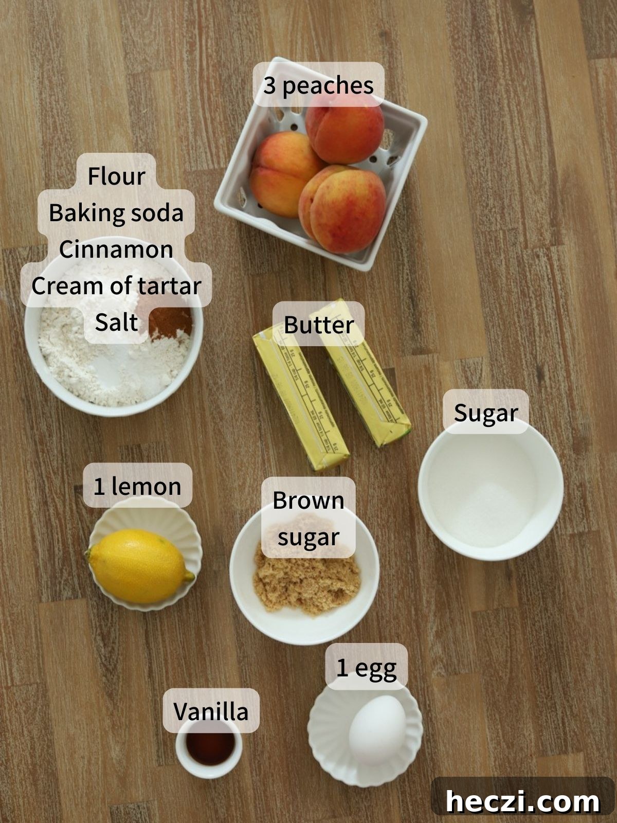 Peach Cobbler Cookies Recipe: Soft Peach Jam-Filled Cookies 3 Labeled ingredients needed to make peach cookies laid out on a table.