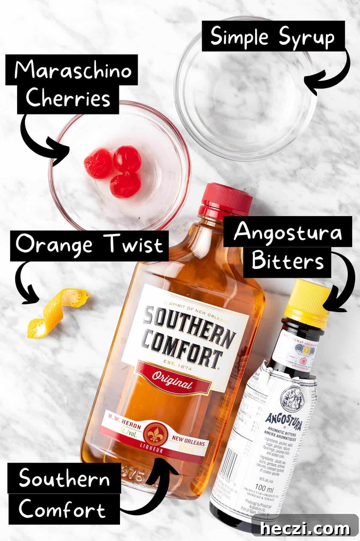 The ingredients needed to make the Southern Comfort old fashioned.