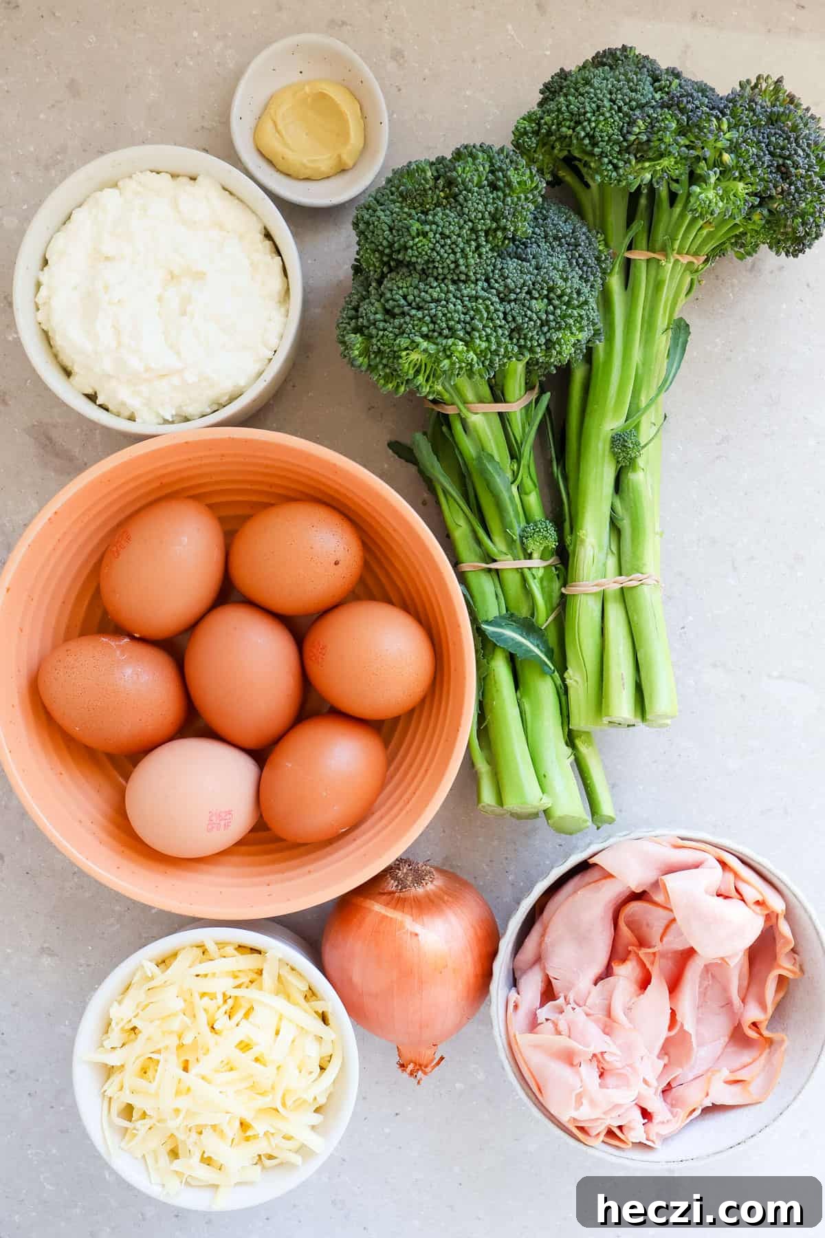 Ham and Broccolini Frittata Recipe for Brunch or Dinner 4 Ingredients shown to make the frittata.