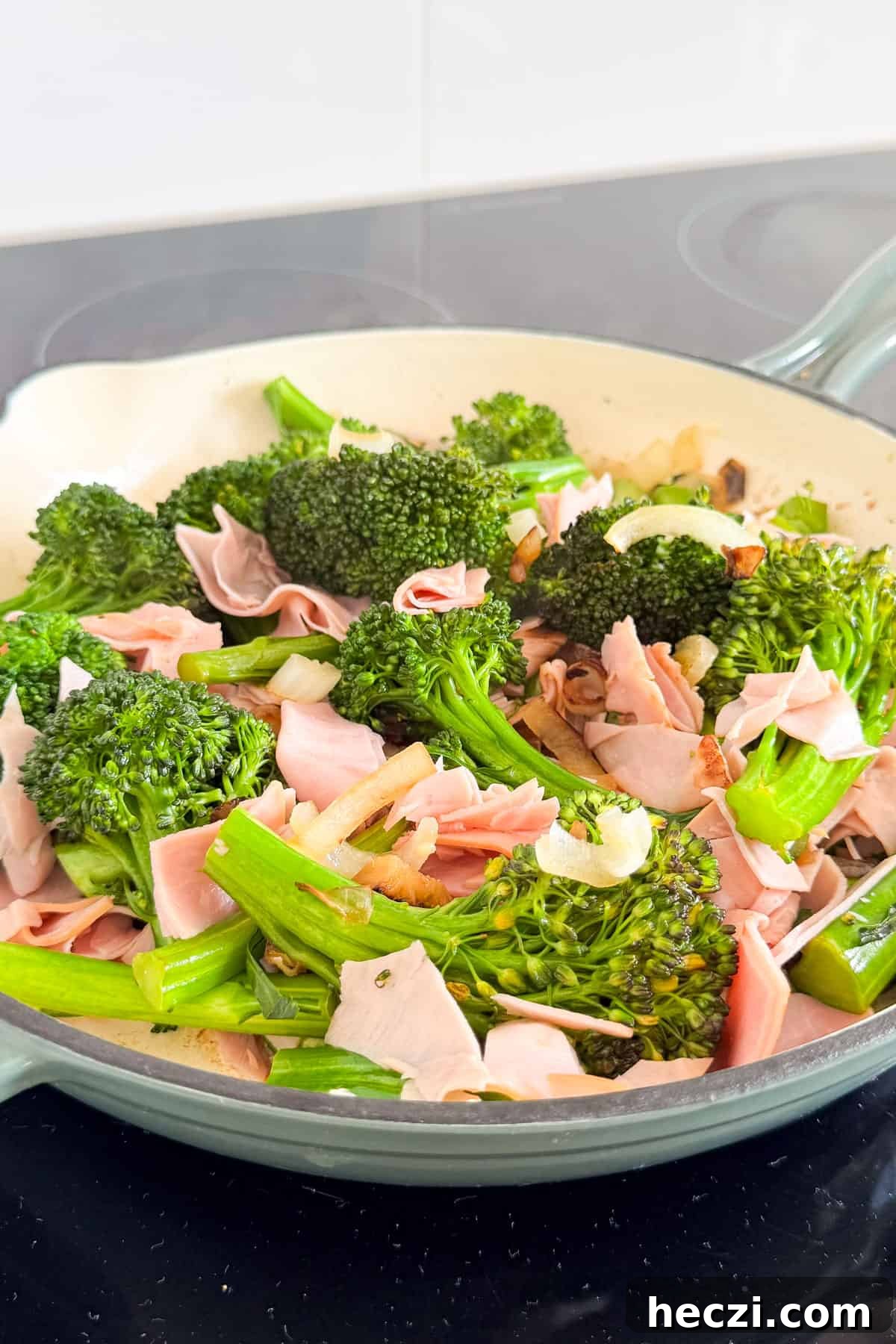 Ham and Broccolini Frittata Recipe for Brunch or Dinner 8 Ham added to the pan.