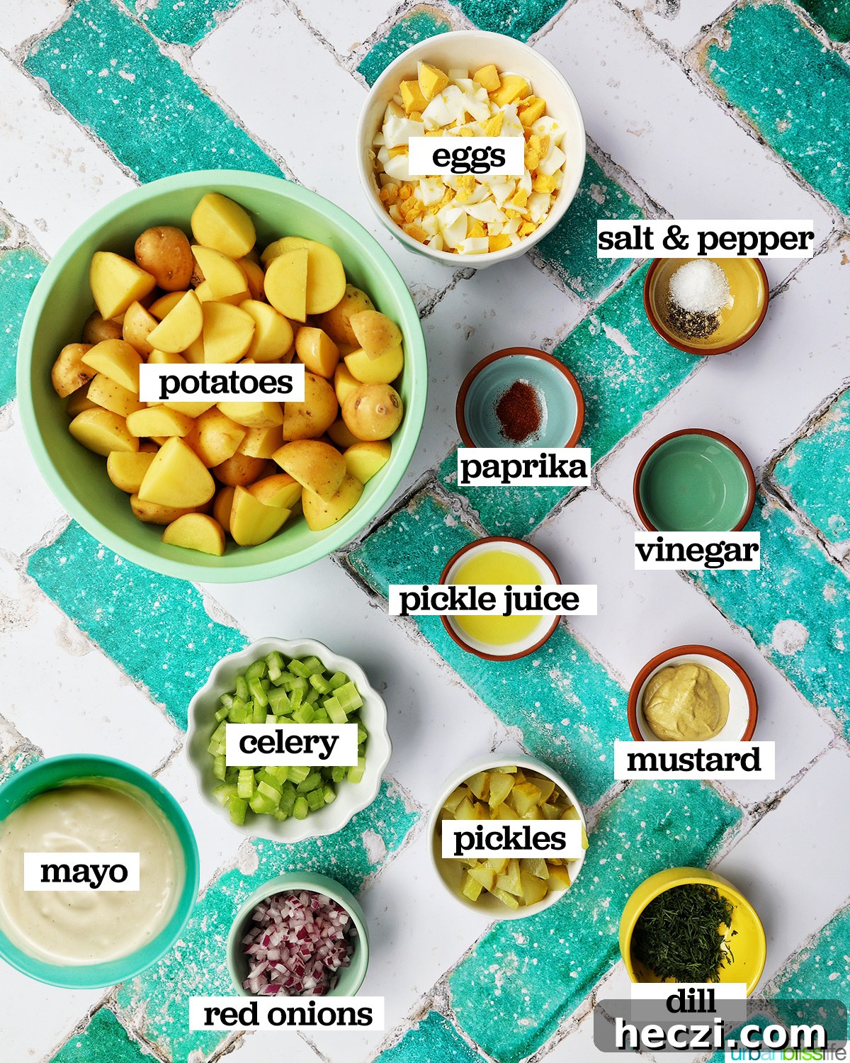 Creamy Dill Pickle Potato Salad Recipe 5 bowls of ingredients to make dill pickle potato salad.