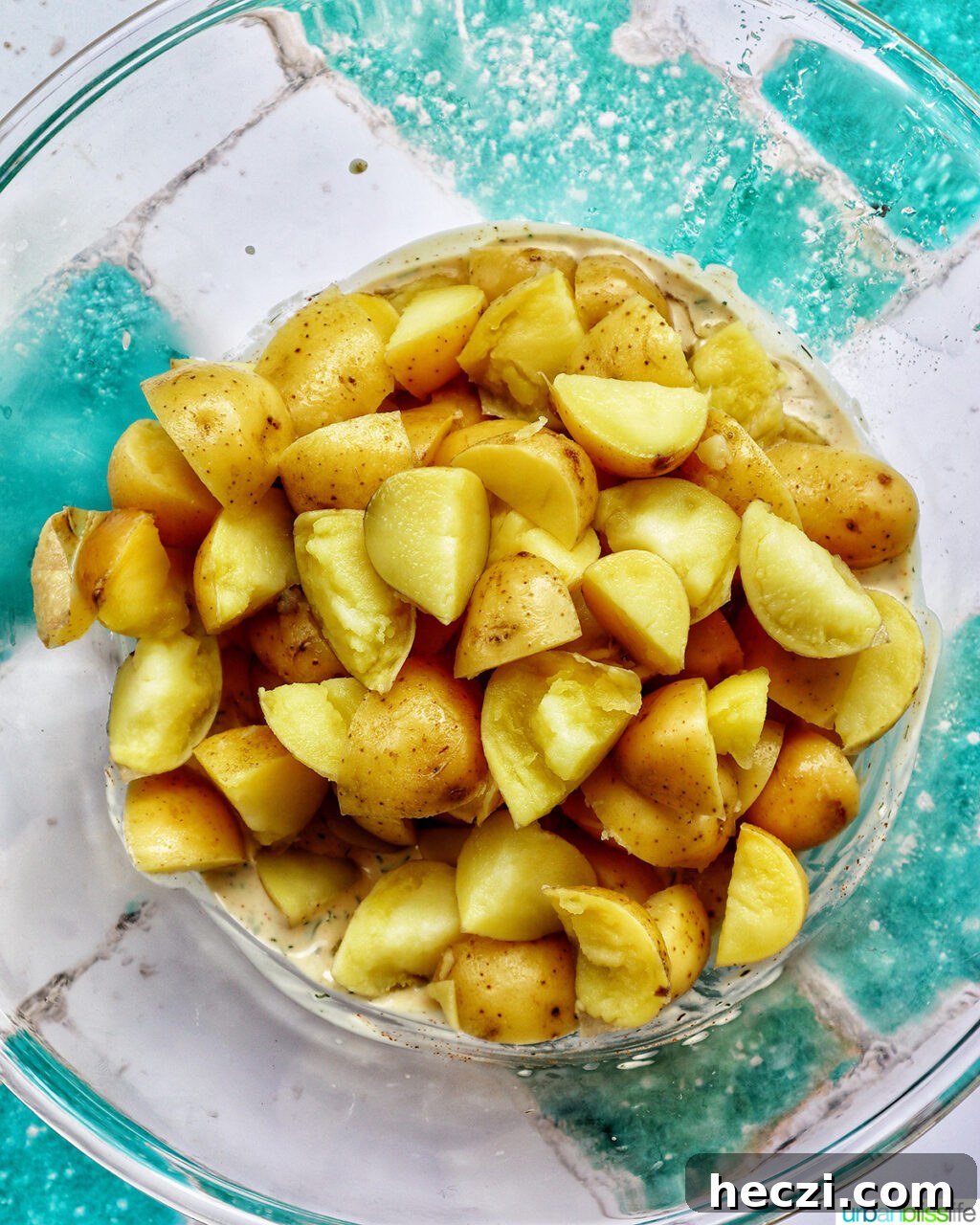 Creamy Dill Pickle Potato Salad Recipe 9 yukon gold potatoes in a bowl.