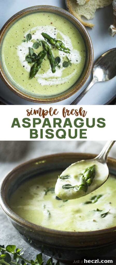 Two views of a bowl of soup with text overlay - Asparagus Bisque.