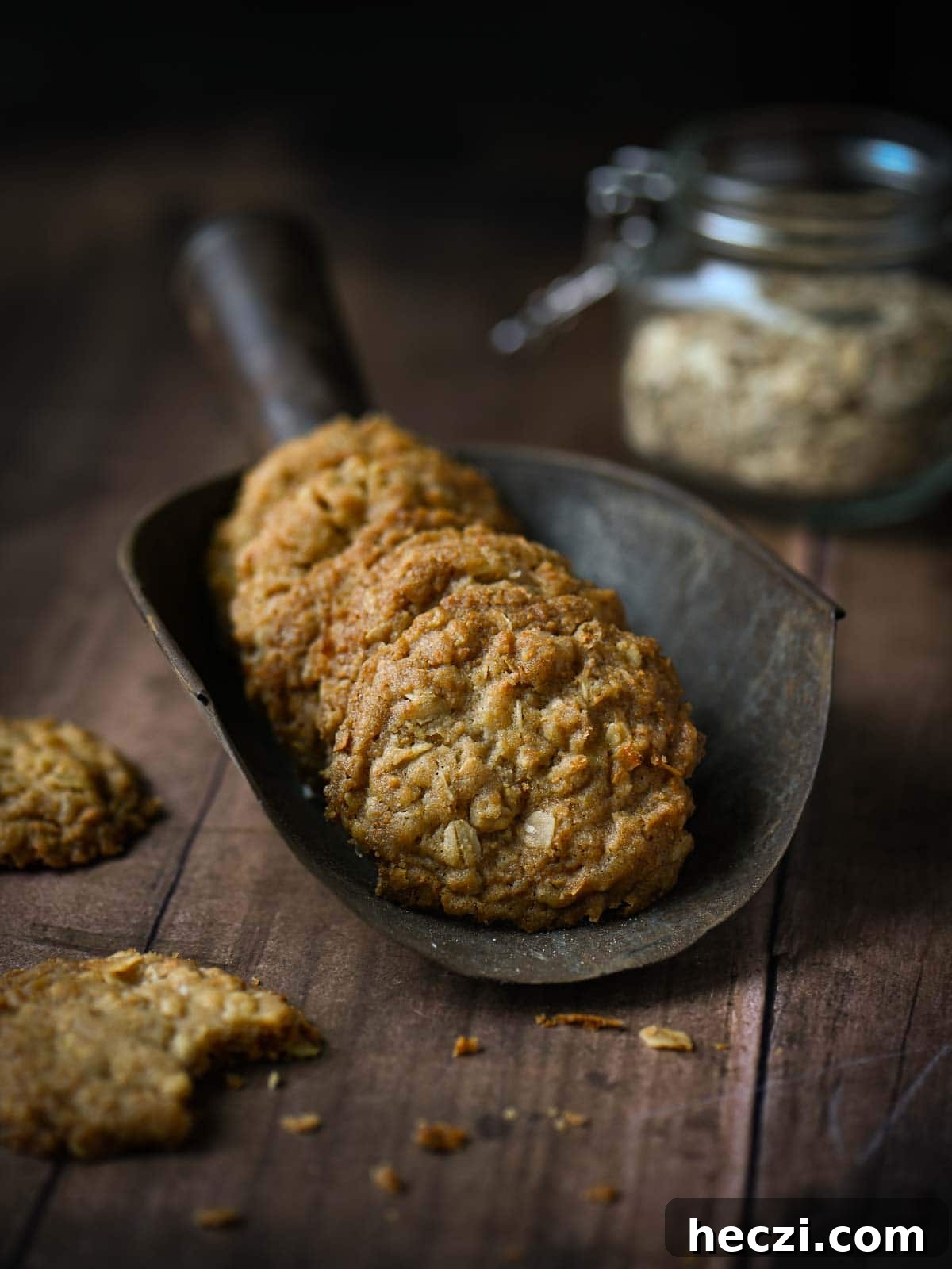 Coconut Oatmeal Cookie Recipe — Chewy Coconut Oatmeal Cookies 2 Oatmeal cookies in a large metal scoop.