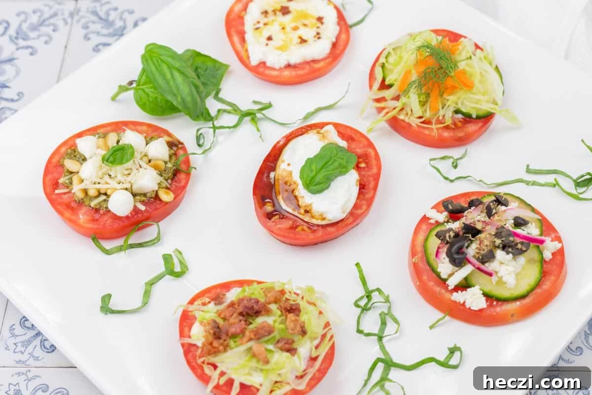 Six tomato slices topped with various ingredients, including cheese, lettuce, olives, herbs, and garnishes, arranged on a white plate with basil leaves and shredded greens.