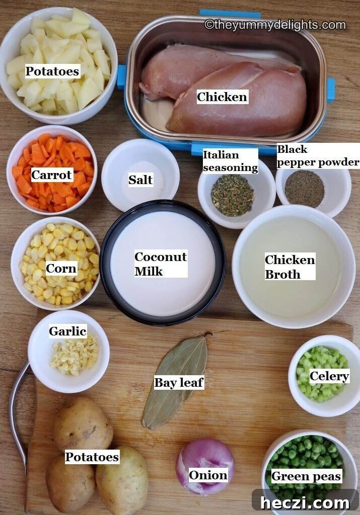 Creamy Chicken and Vegetable Stew for Comforting Weeknight Meals 3 individually labeled ingredients to make chicken stew recipe are laid out on a table.