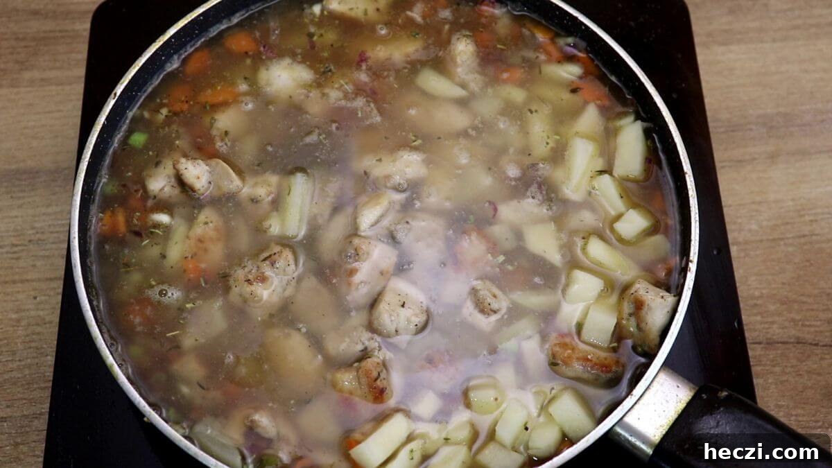 Creamy Chicken and Vegetable Stew for Comforting Weeknight Meals 9 addition of chicken broth to make creamy vegetable chicken stew.