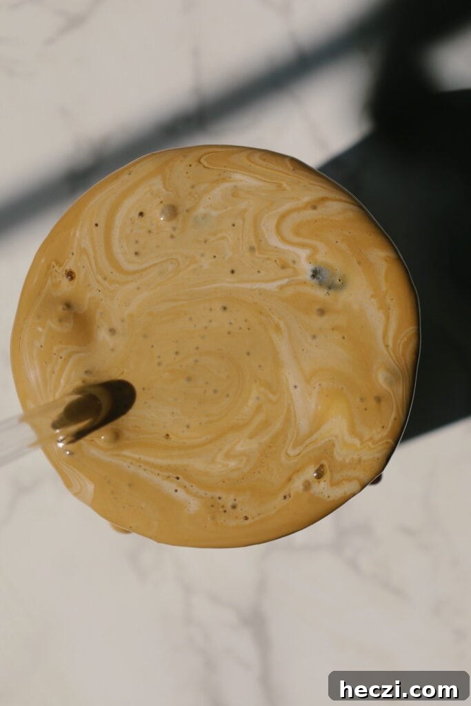 Caramel Iced Coffee with Instant Coffee: Quick Summer Recipe 4 top down view of caramel iced coffee
