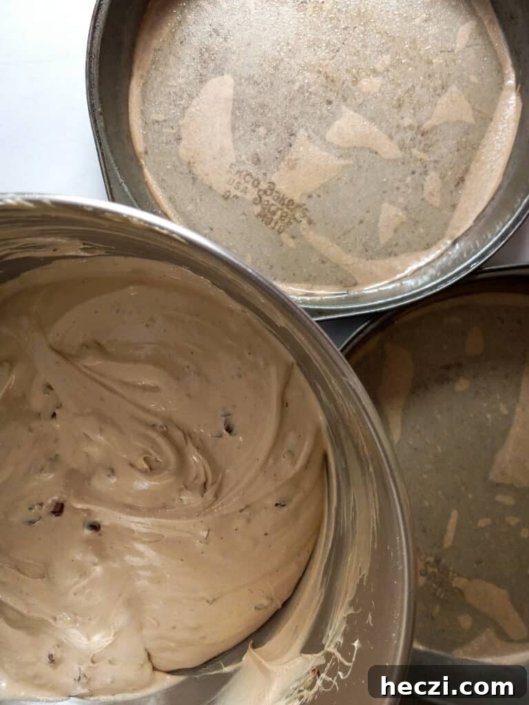 Tiramisu Torte: Layered Coffee Mascarpone Cake Recipe 5 cake batter and two prepared pans.