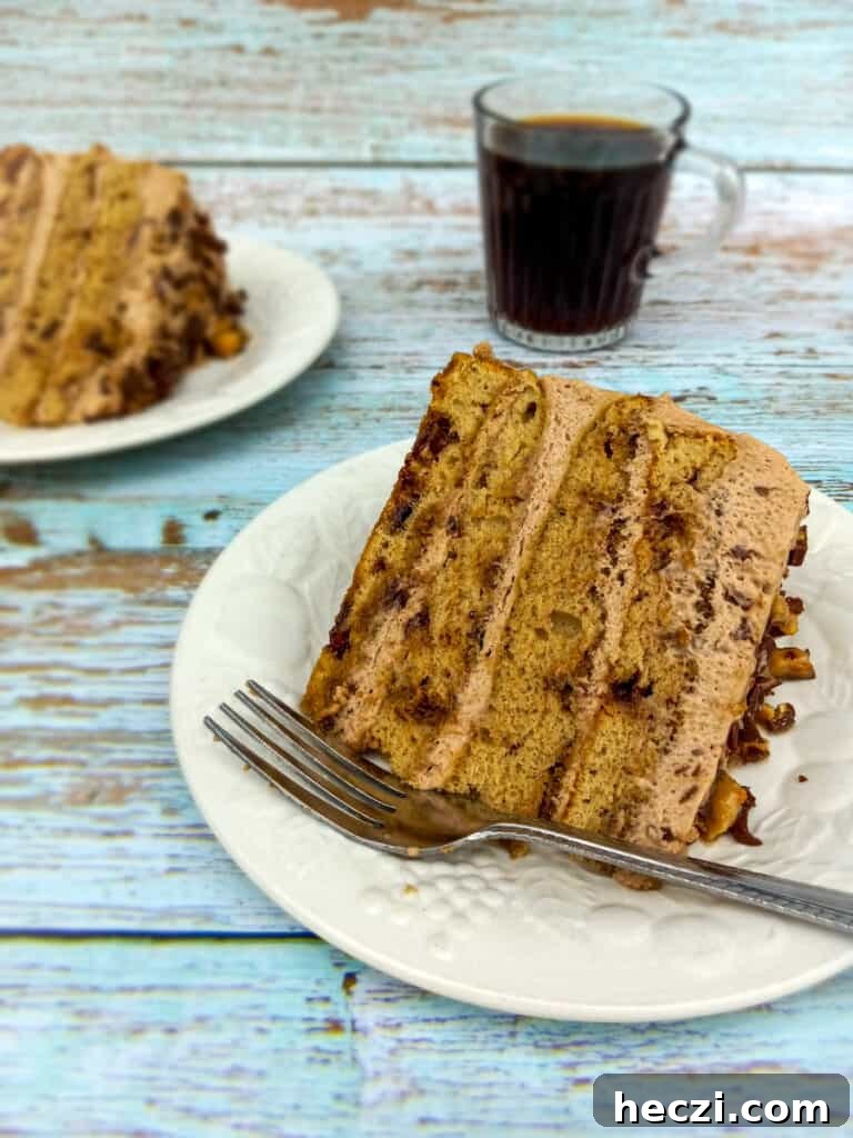 Tiramisu Torte: Layered Coffee Mascarpone Cake Recipe 9 two plates with slices of torte tiramisu and a cup of coffee.