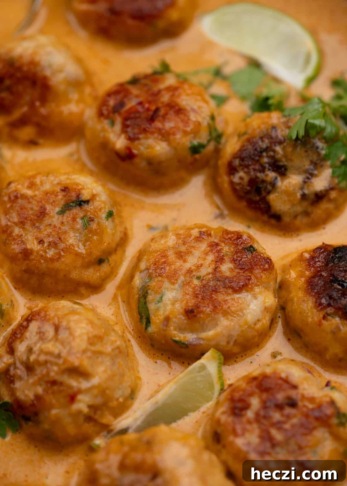 Chicken meatballs flavoured with fresh Thai herbs in a red curry sauce.