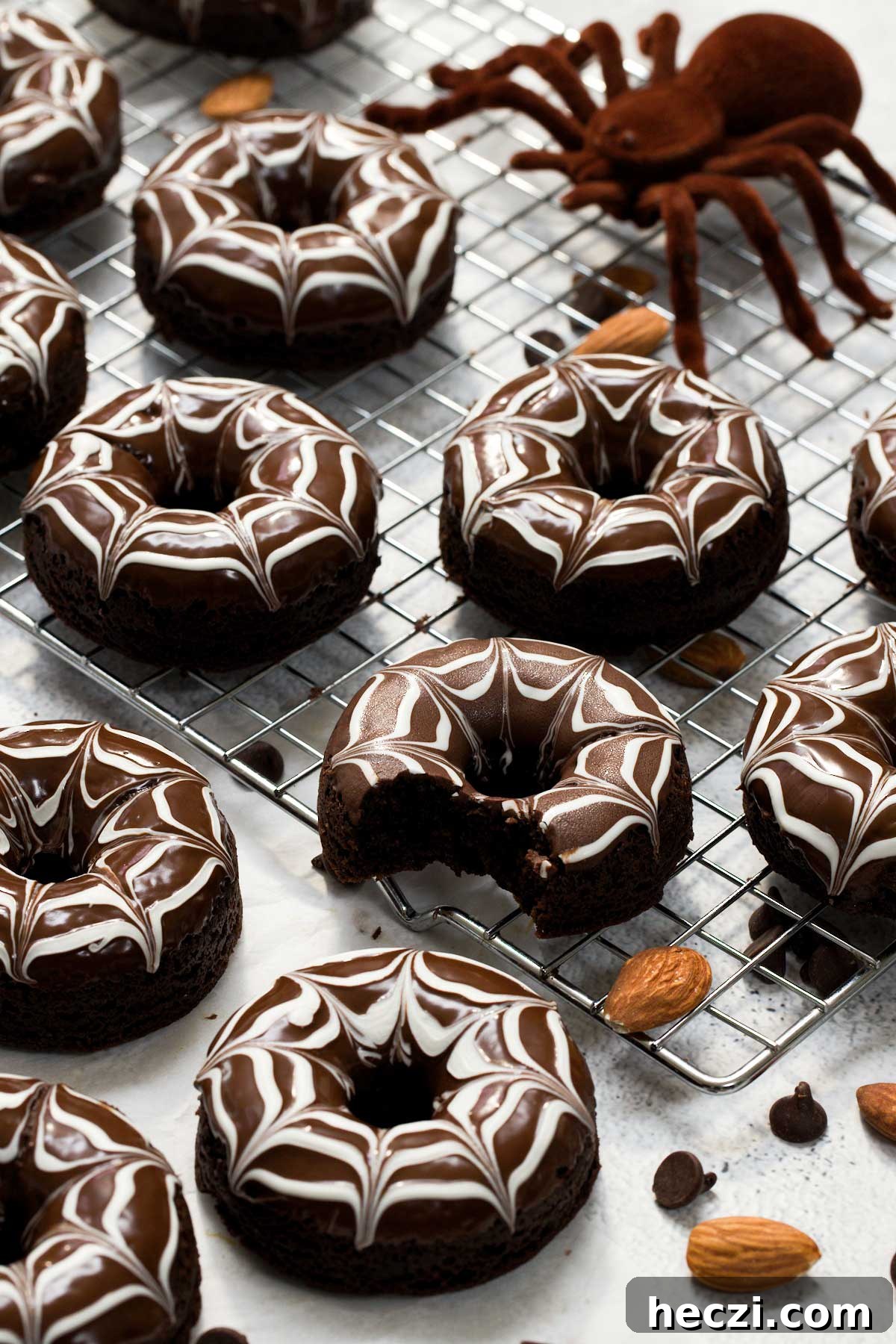 Chocolate donuts with white and dark chocolate spiderweb design on top on a cooling rack with a bite taken out of the center donut.
