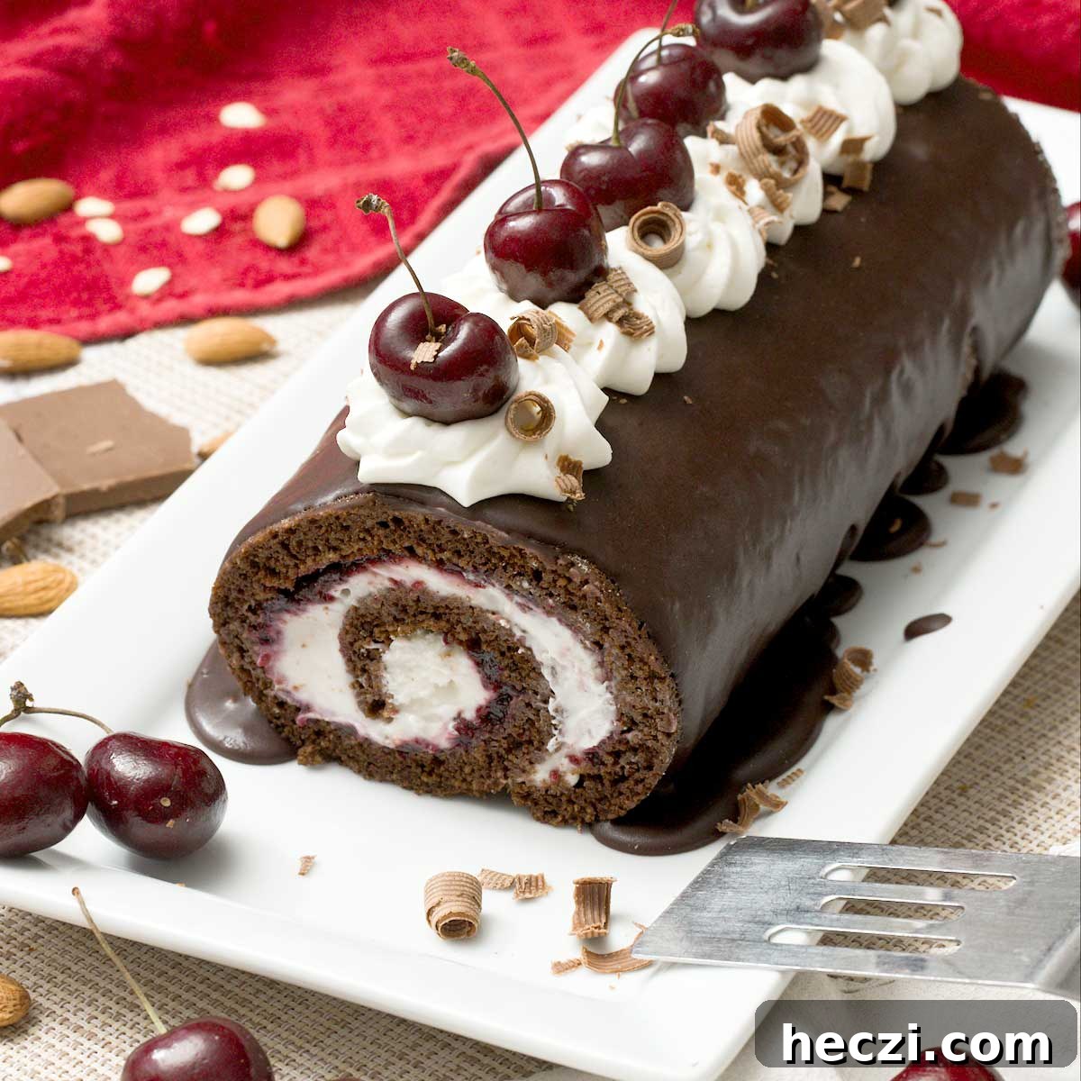 Gluten-Free Chocolate Swiss Roll Cake with Cherries