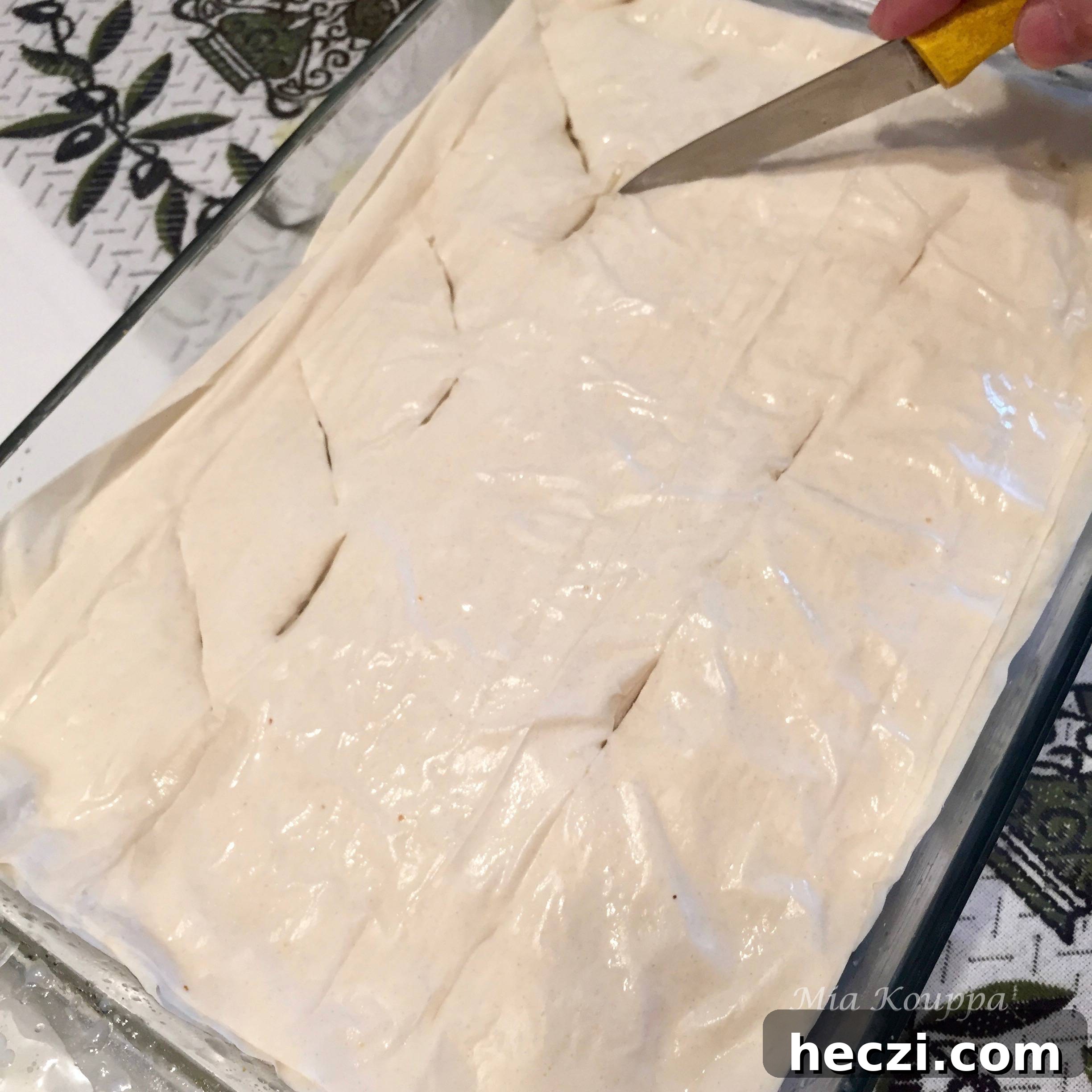 Authentic Greek Baklava Recipe — Traditional Μπακλαβά Dessert 8 Scoring the phyllo dough before baking