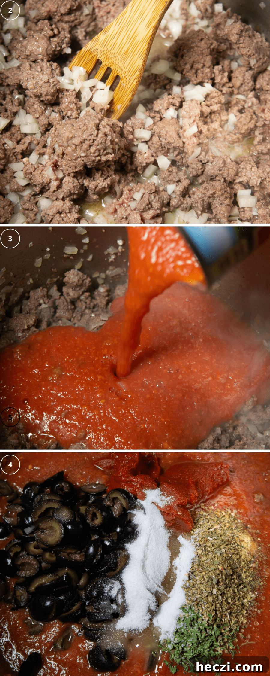 Authentic Homemade Spaghetti Sauce Recipe for Rich, Classic Flavor 4 a pot of ground beef with onions cooking above a second image of tomato puree being poured into it, above a third image of spices, herbs, and olives being added to it.