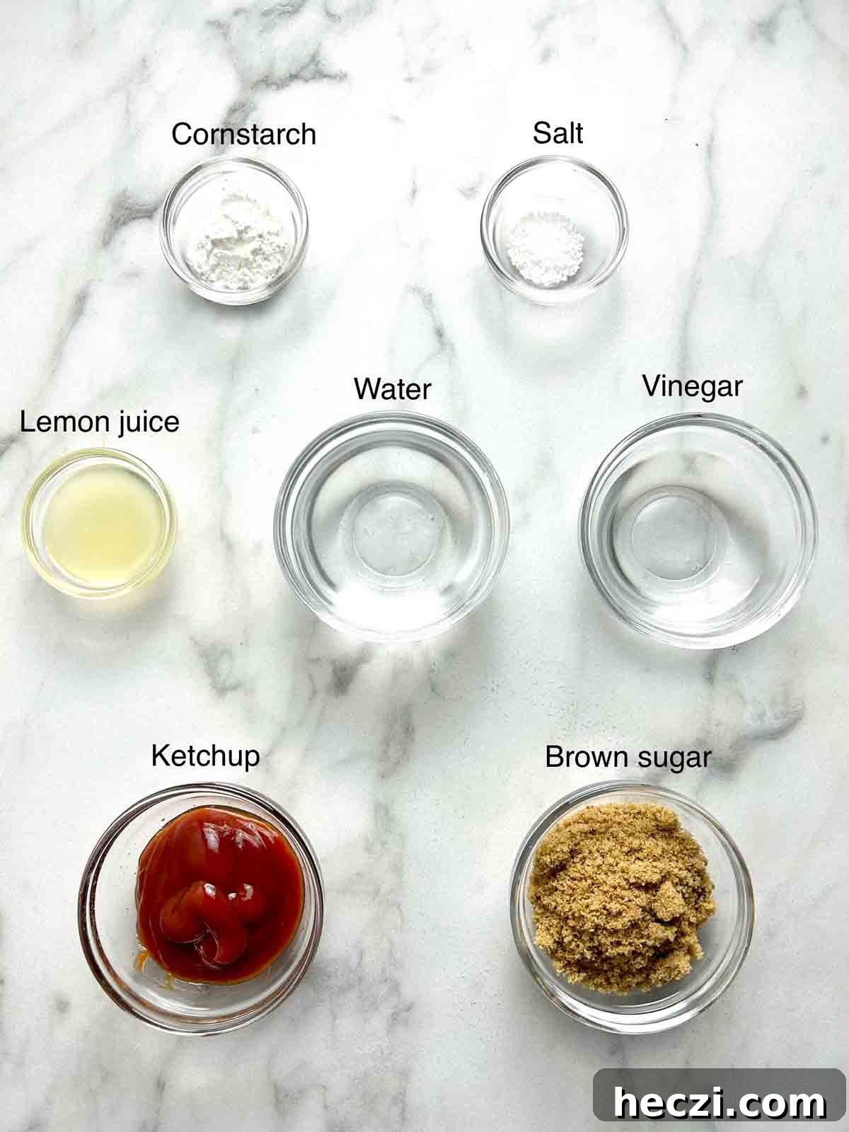 Crispy Chinese Chicken Balls in Classic Sweet and Sour Sauce 9 sweet and sour sauce ingredients prepped in bowls