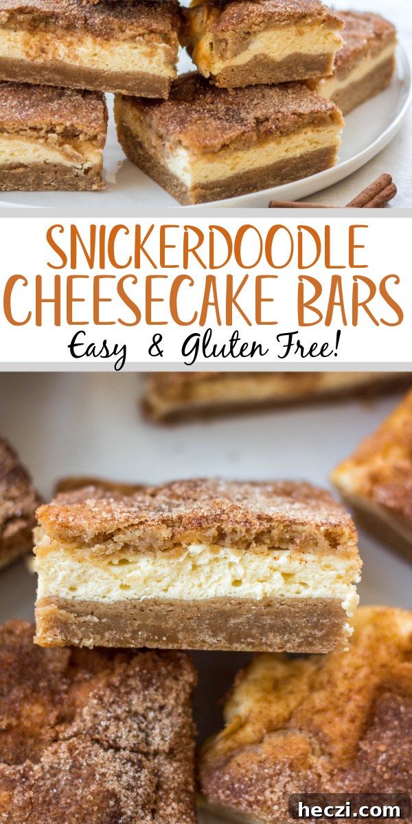 Gluten-Free Snickerdoodle Cheesecake Bars: Soft Cinnamon Bars 3 These snickerdoodle cheesecake bars are so easy to make that they are sure to be a staple in your holiday baking rotation or on the table for any holiday party! They're gluten free so everyone can enjoy, and take under an hour to prepare and bake. With three simple, delicious layers, the flavors from the cinnamon snickerdoodle crust pair perfectly with the creamy cheesecake! #snickerdoodlecheesecake #glutenfreecheesecake #cheesecakebars