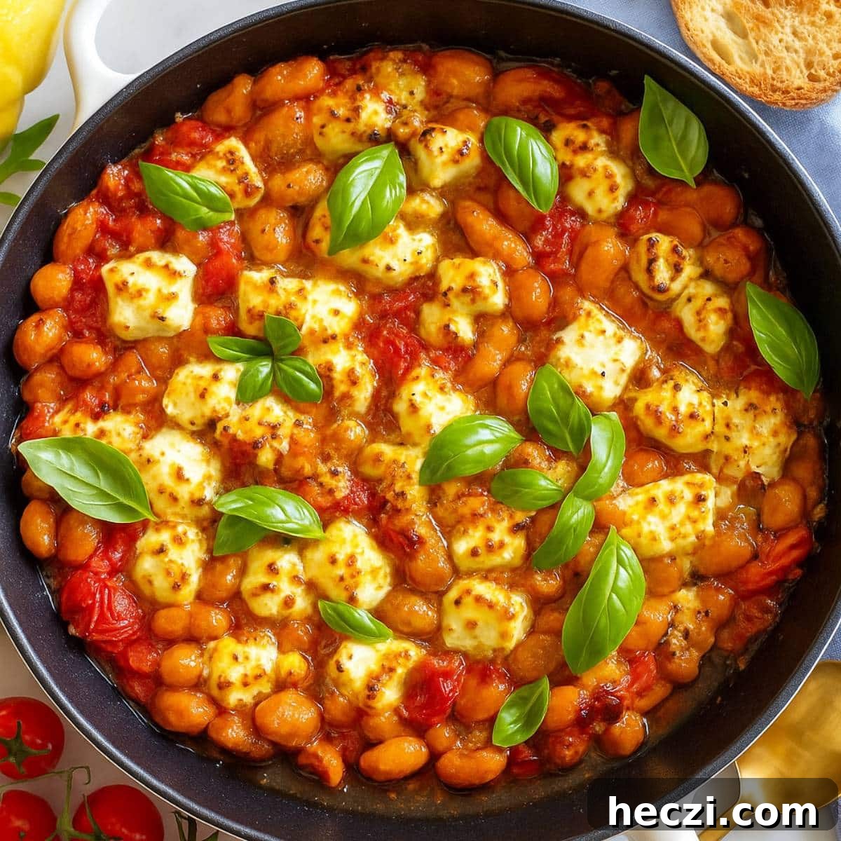 19 Budget-Friendly Bean Recipes to Save You Money Weekly 8 Saucy butter beans in a skillet with cherry tomatoes, and feta, topped with basil.