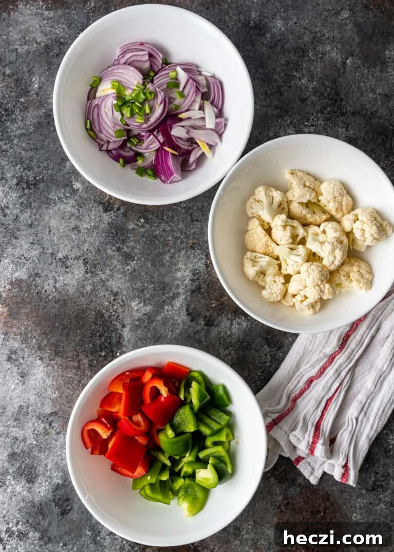 Vegetable Jalfrezi Stir-Fry Recipe: Quick Spicy Indian Veg Stir-Fry 5 overhead: prepared veggies for vegetable jalfrezi