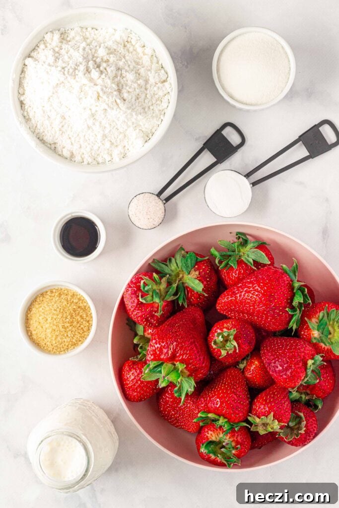Gluten-Free Strawberry Shortcake Recipe: Light Summer Dessert 2 ingredients for gluten free strawberry shortcake: strawerries, sugar, floour, salt, baking powder, vanilla, and cream