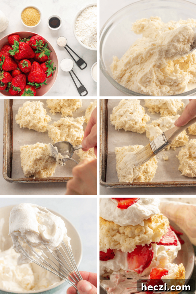 Gluten-Free Strawberry Shortcake Recipe: Light Summer Dessert 4 step-by-step instructions for gluten free strawberry shortcake. 6-picture grid. 1: picture of ingredients, 2: a bowl with a sticky dough, 3: hands scooping dough onto parchment-lined baking sheet with 2 spoons, 4: brushing cream onto shaped dough with a pastry brush, 5: whisk with whipped cream, 6: biscuit layered with whipped cream and strawberries