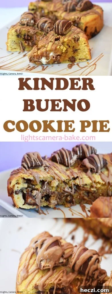 Kinder Bueno Cookie Pie Recipe — Hazelnut Chocolate Dessert Pie 13 Long pinterest image with three images and a title.