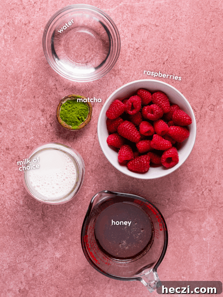 picture of the ingredients needed to make a raspberry matcha latte