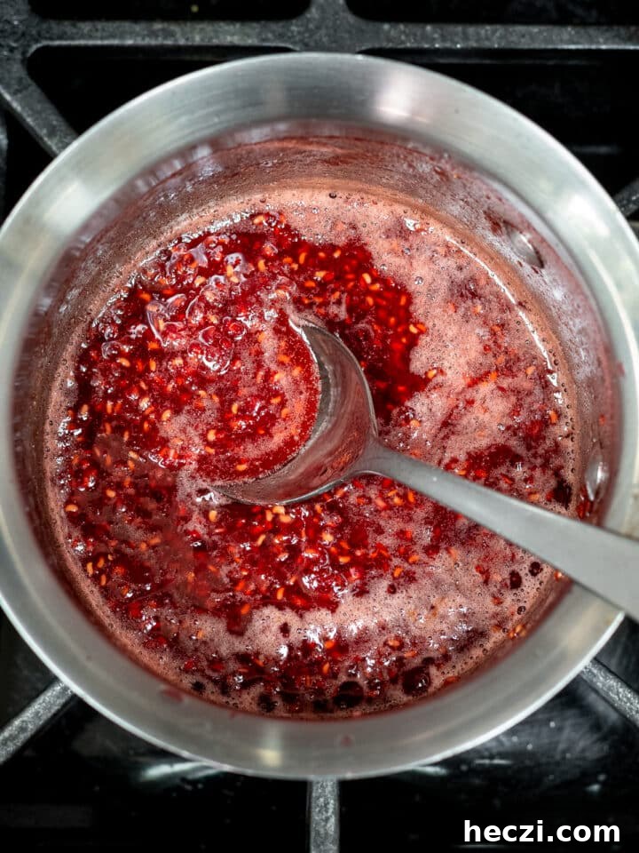 raspberry puree in saucepan