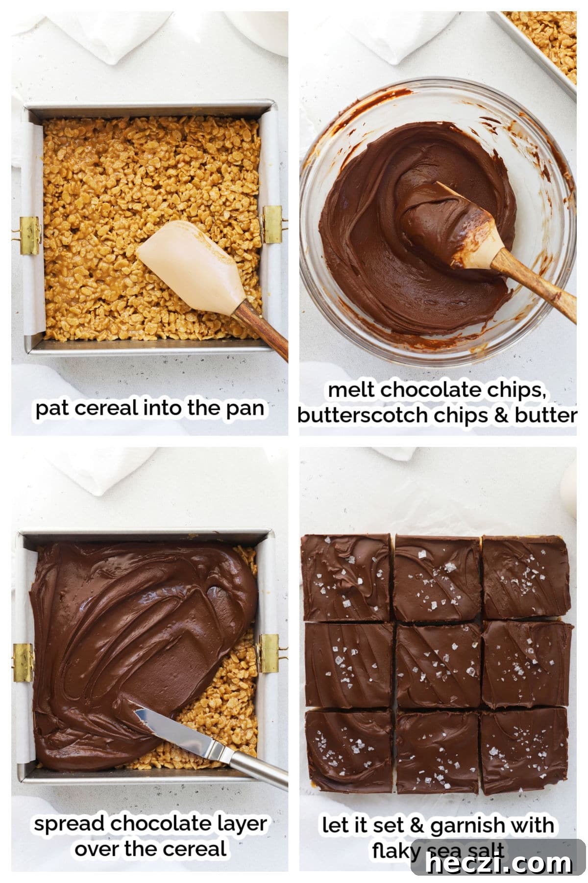 Gluten-Free Scotcheroos Recipe: Chewy Peanut Butter & Butterscotch Bars 5 spreading chocolate on peanut butter rice krispies to make gluten-free scotcheroos