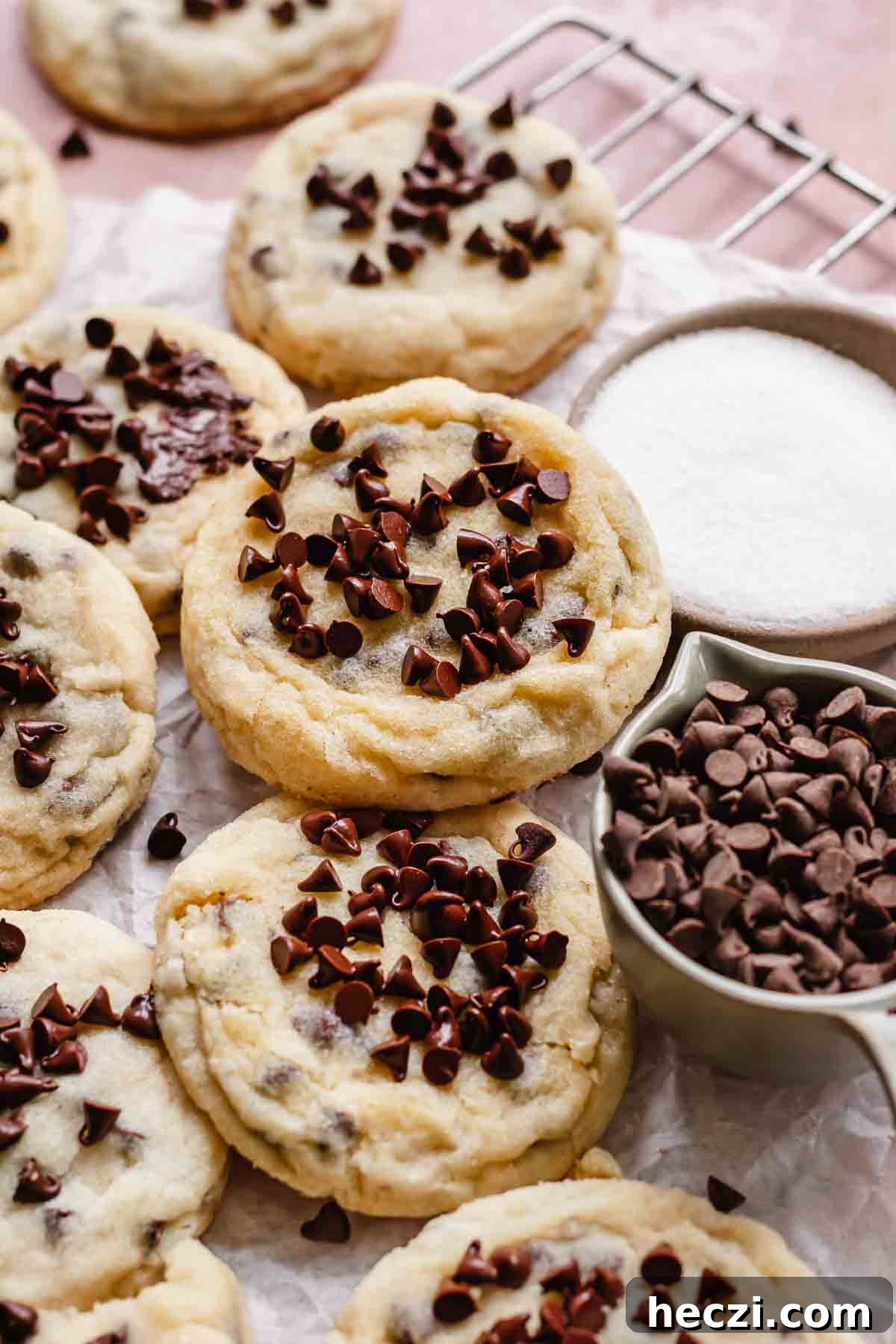 Chocolate chip sugar cookie on a platter with sugar and mini chocolate chips next to it.