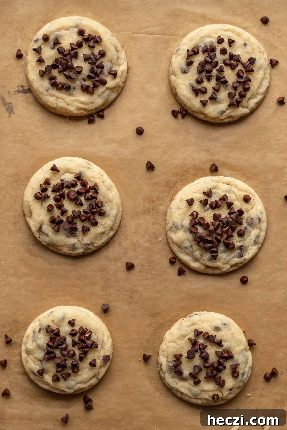 Baked cookies with mini chocolate chips added on top.