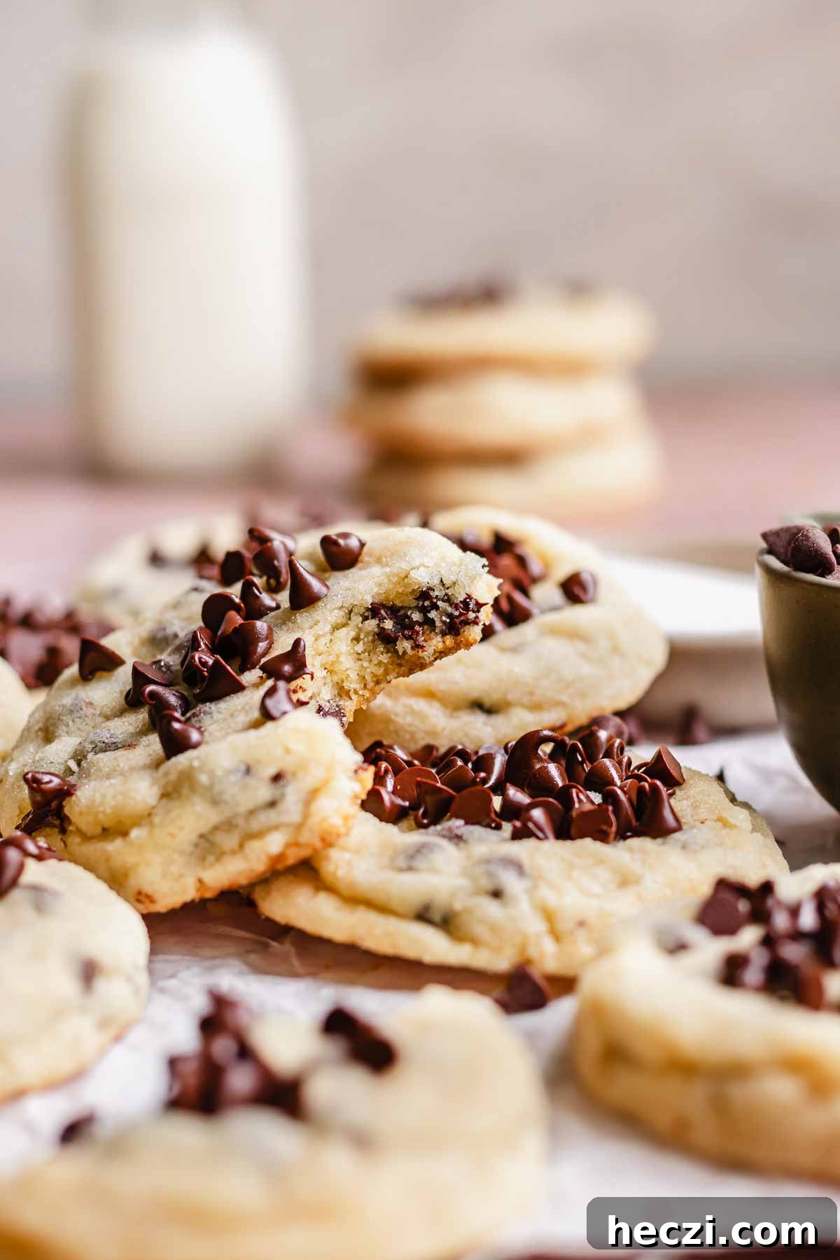 A chocolate chip sugar cookie with a bite removed lays on other cookies.