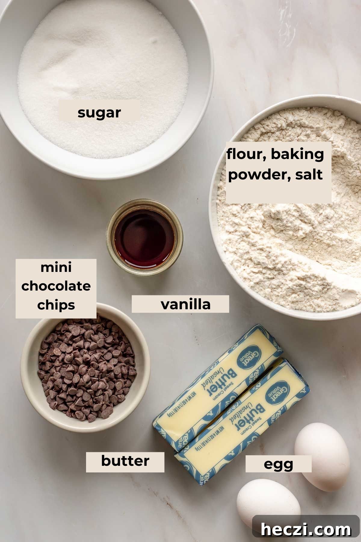 Ingredients for chocolate chip sugar cookies.