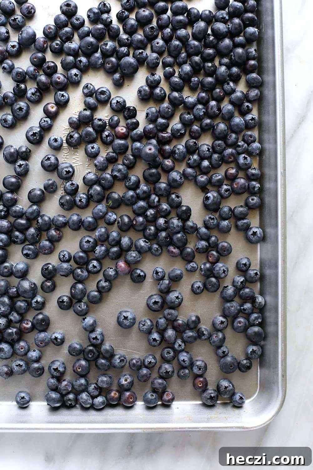 Frozen blueberries ready for storage blueberries on baking sheet