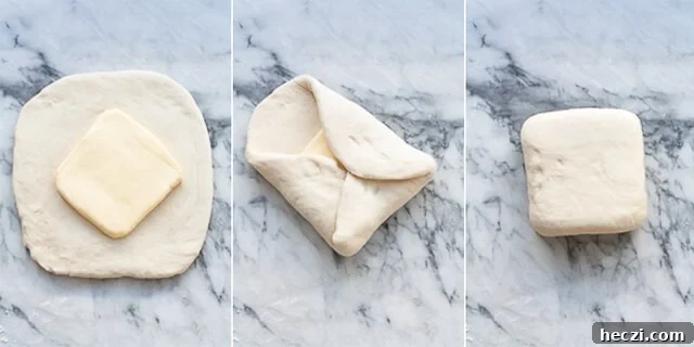 Collage of photos to show the wrapping of butter block in dough to begin the lamination process for croissants