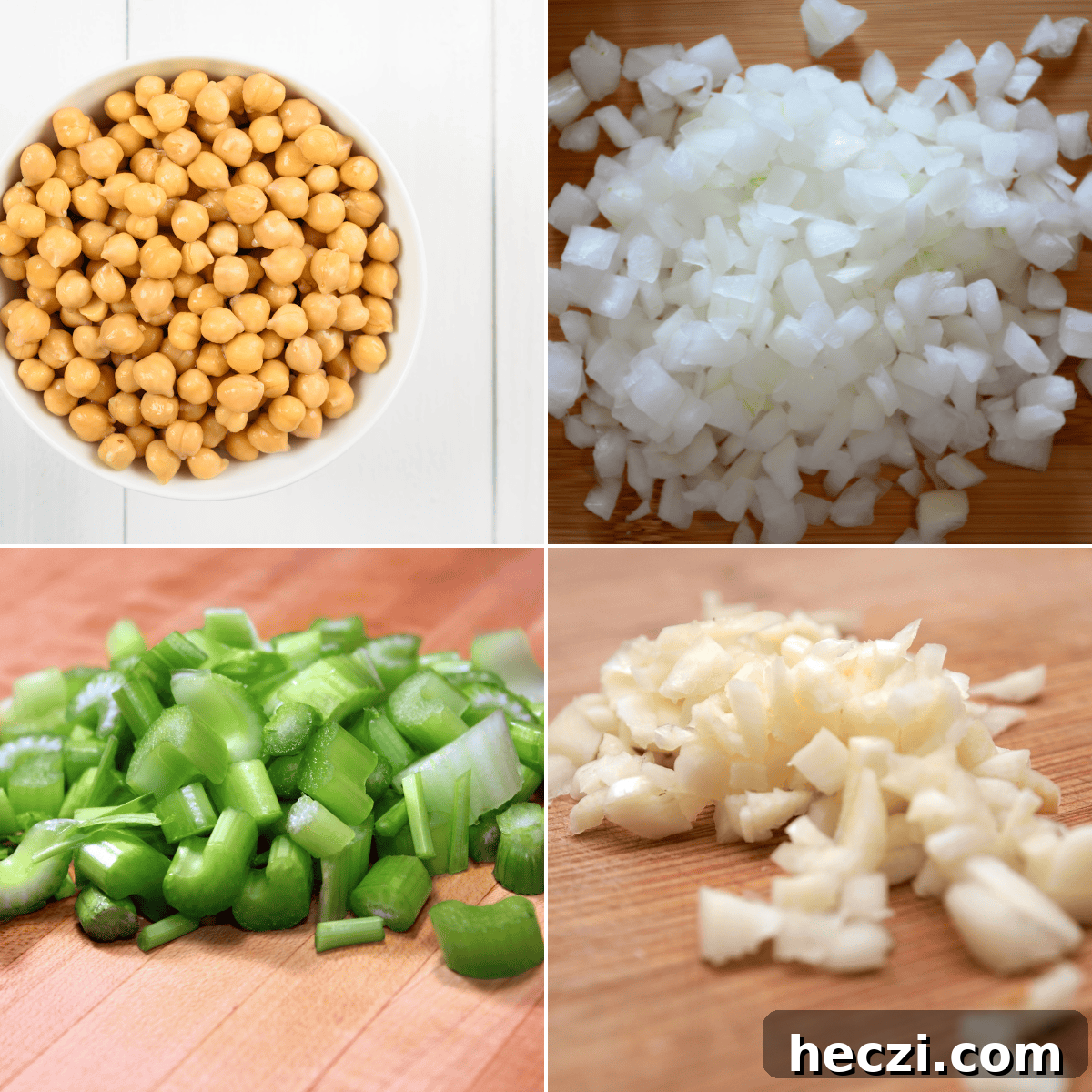 Zesty Marinated Chickpeas for Salads, Snacks, and Meal Prep 4 Chopped vegetables, peas and garlic for the dish.