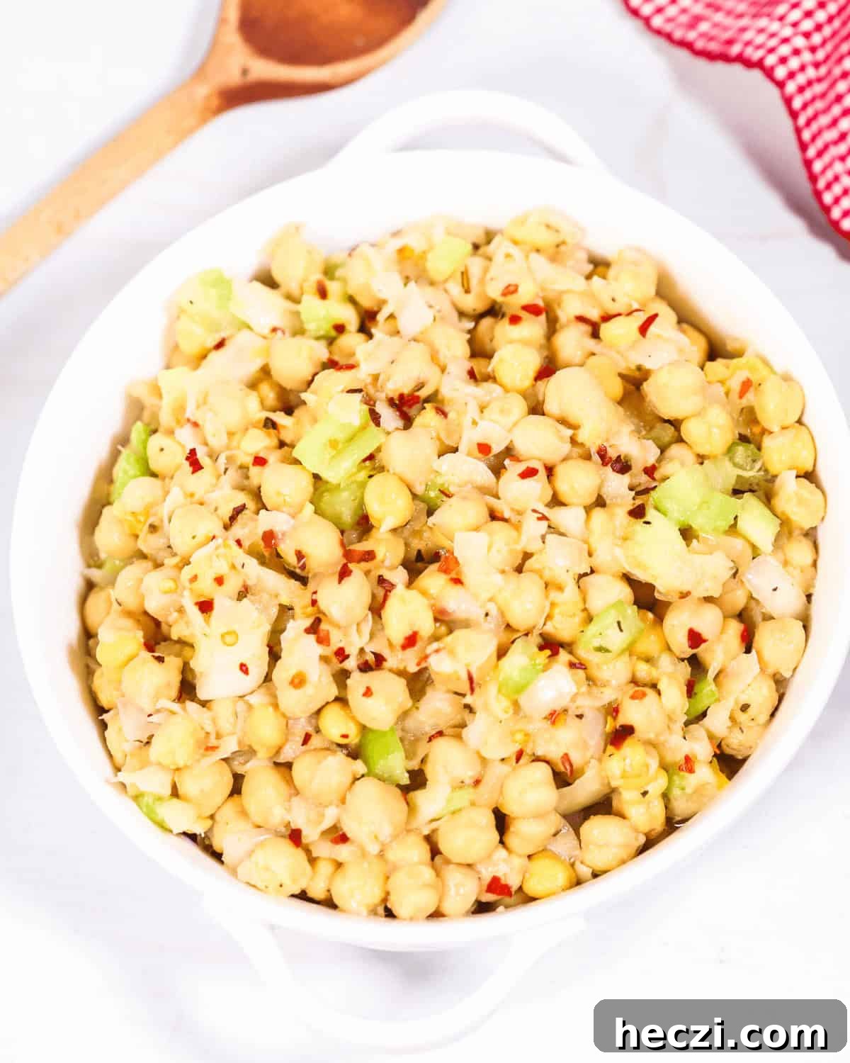 Zesty Marinated Chickpeas for Salads, Snacks, and Meal Prep 6 A dish of the marinated chickpea salad.