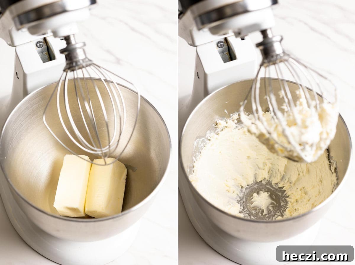 Creaming butter in a stand mixer to make coconut cream frosting.