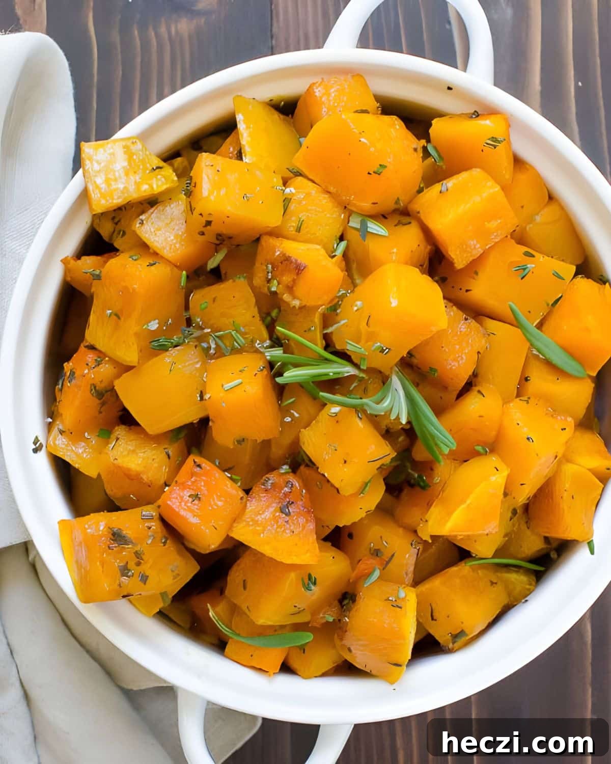 Roasted butternut squash in a dish.