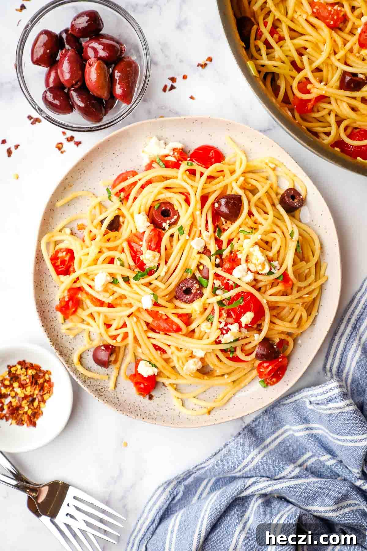 overhead view of a plate of Greek spaghetti