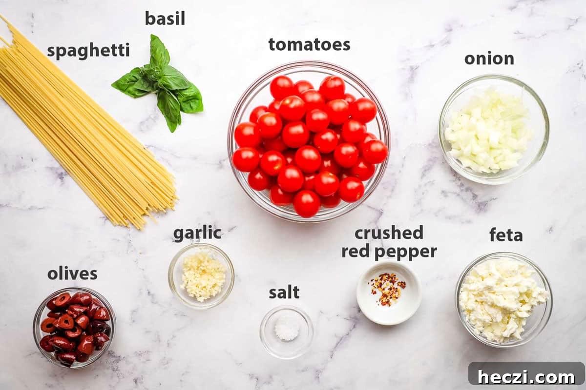 ingredients pictures and labelled for greek spaghetti
